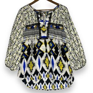 Fig And Flower Blouse Tie Neck Boho Western Aztec‎ Southwestern White Black XL